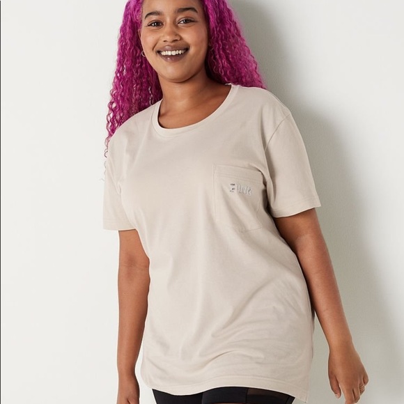 Victoria's Secret PINK Campus Short Sleeve Tee Vanilla Bean Shine NEW - Picture 4 of 7